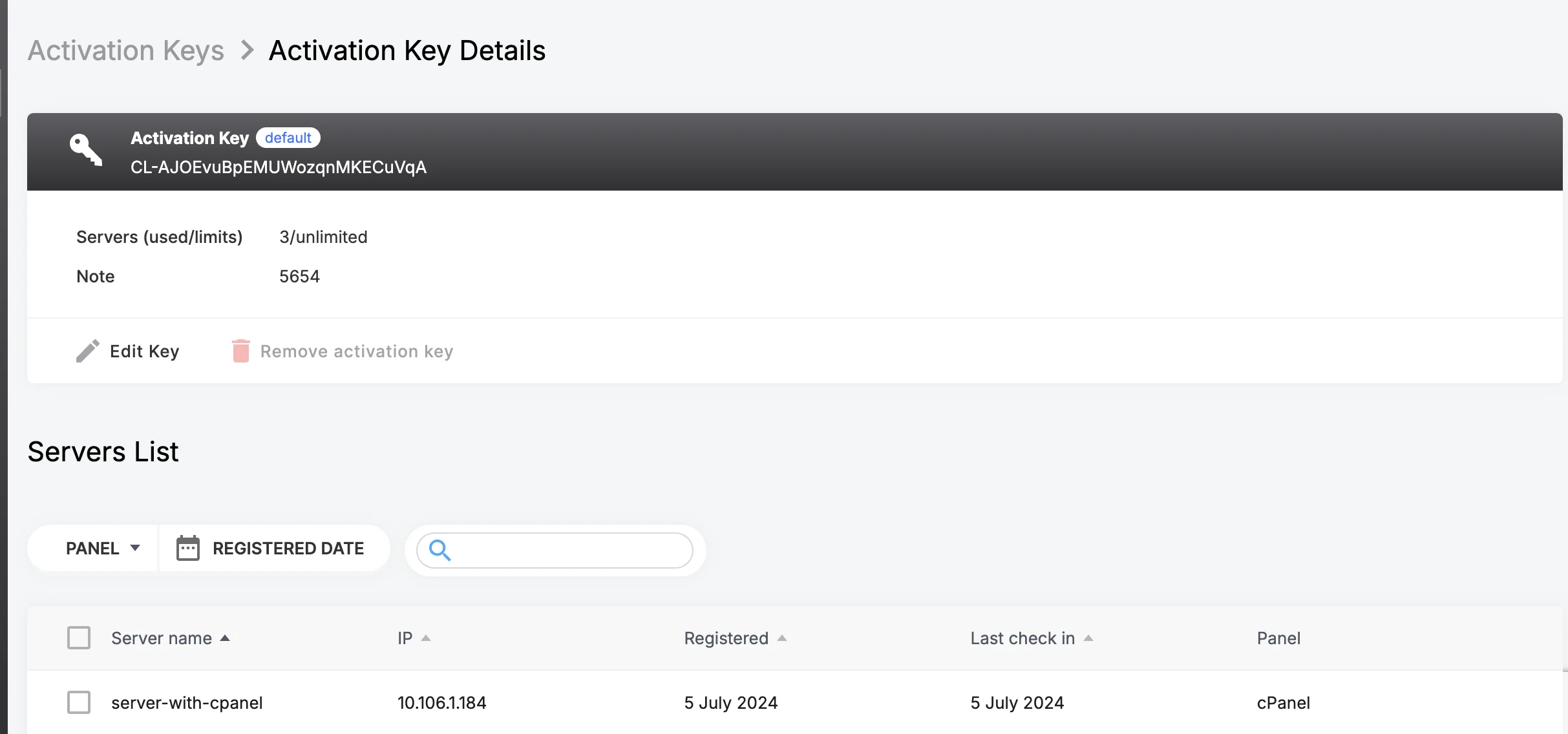 Activation Key Details page: key card with string and default badge, Edit Key, Servers List table with one cPanel row