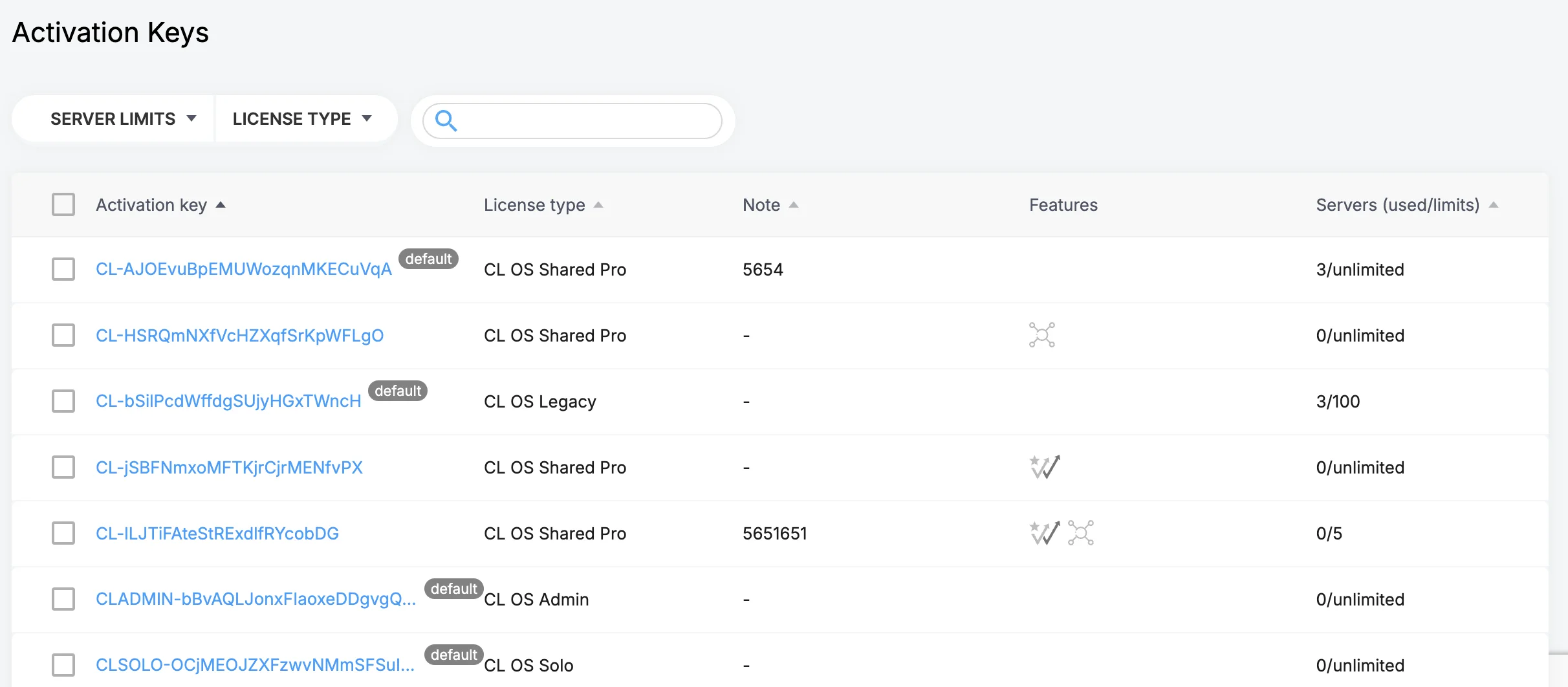 Activation Keys portal table: Server limits and License type filters, key links with default badges, servers used/limits column