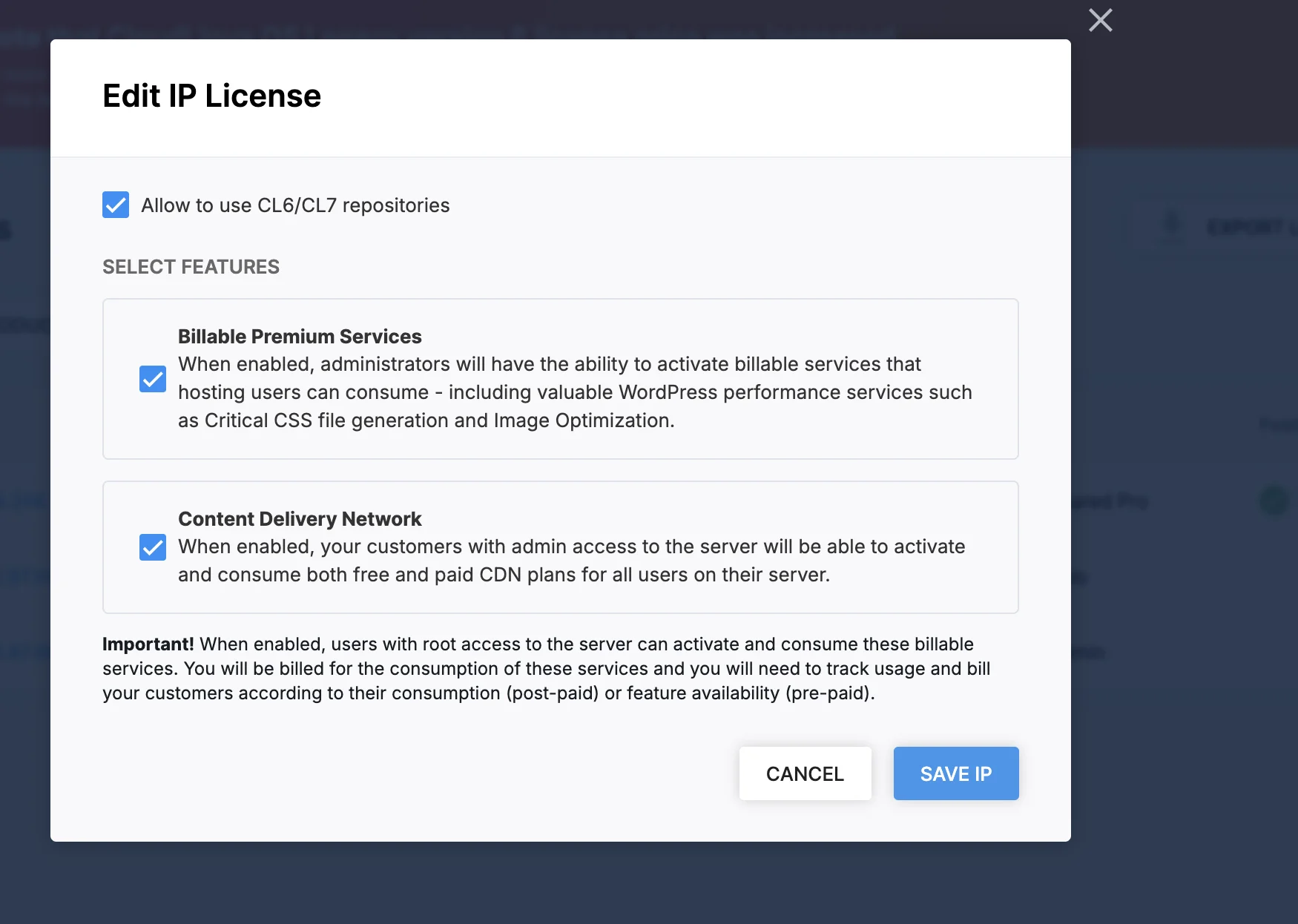 Edit IP License modal: CL6/CL7 repo checkbox, Billable Premium Services and CDN checkboxes, Cancel, Save IP