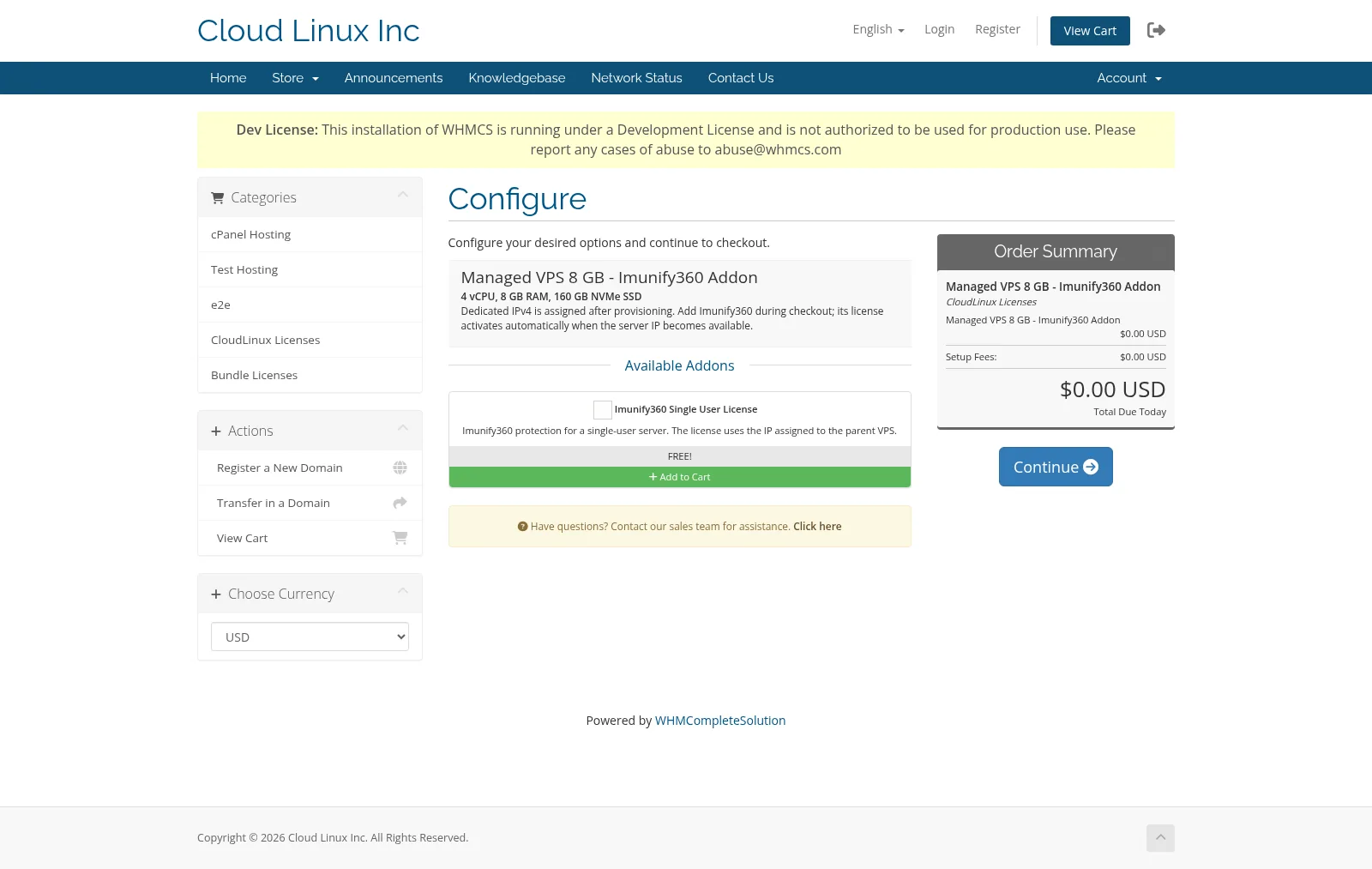 Imunify360 license addon during VPS checkout
