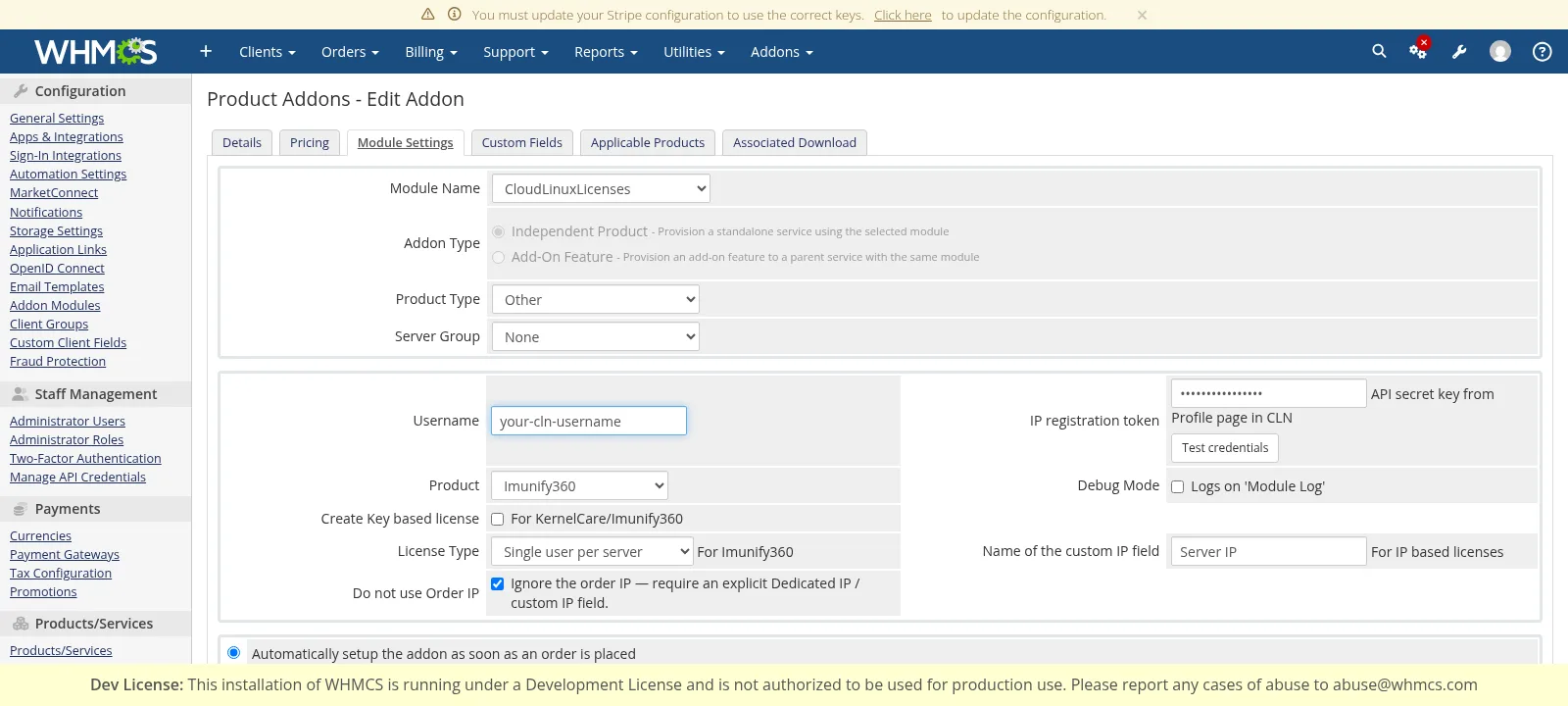 Imunify360 product addon settings