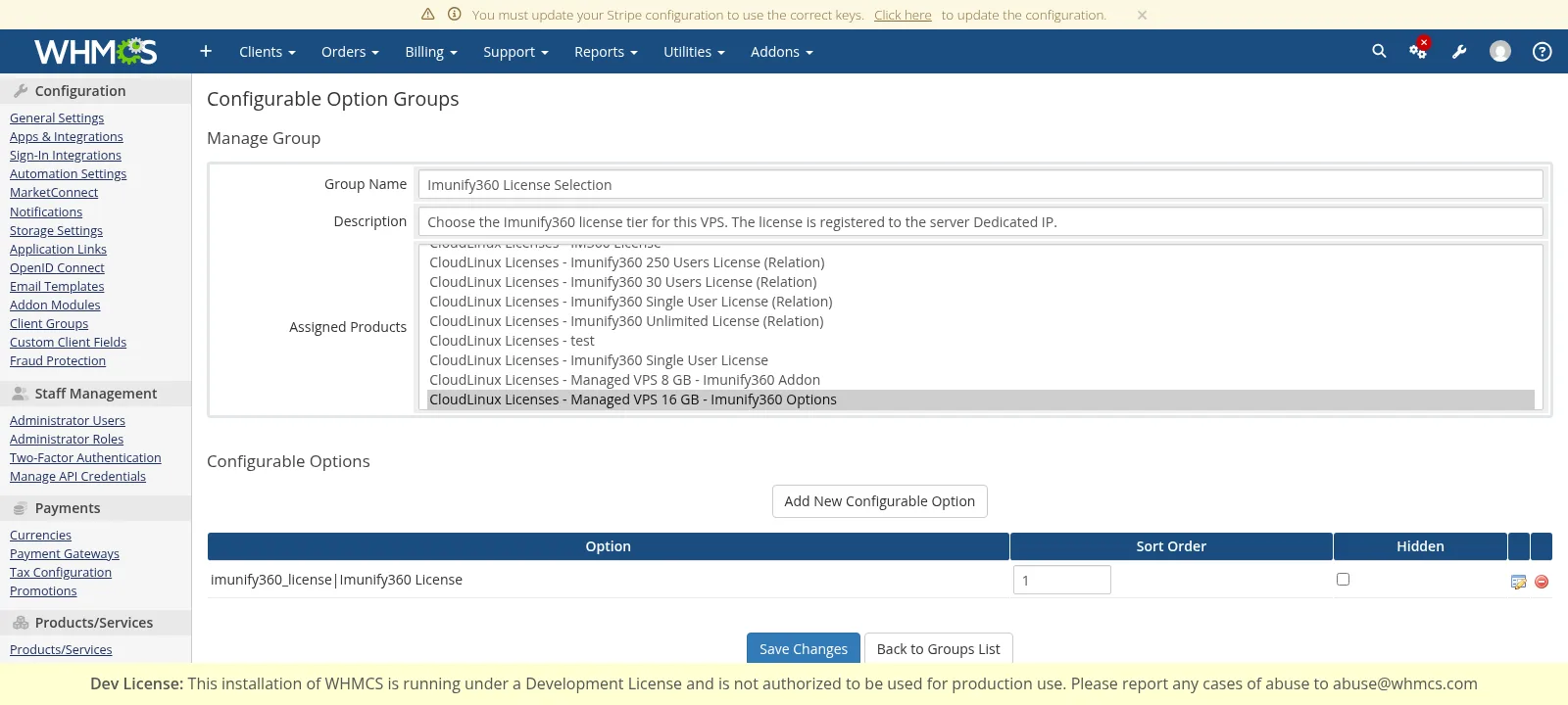 Imunify360 configurable option group assigned to a VPS