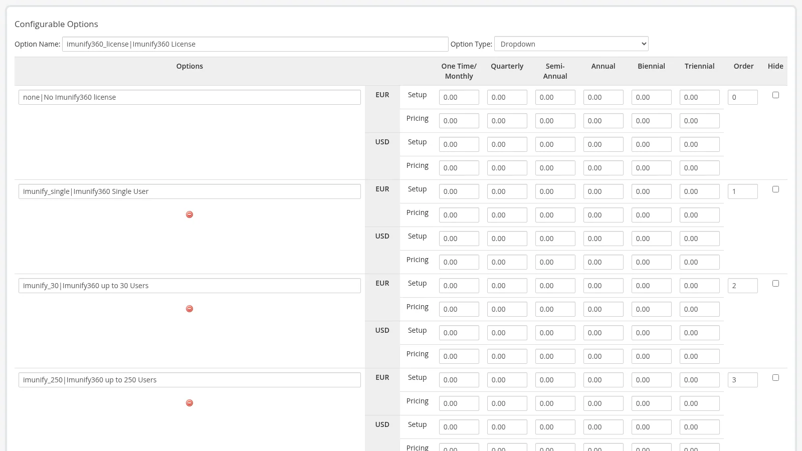 Imunify360 configurable option values and pricing