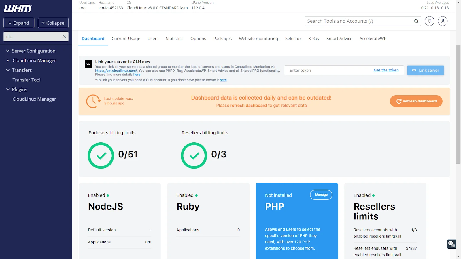 WHM CloudLinux Manager Dashboard: Link server to CLN token field and button