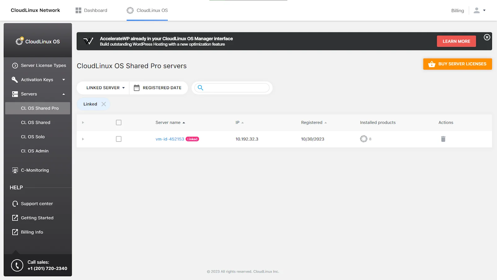 CLN Shared Pro servers table: Linked filter and server row with Linked tag
