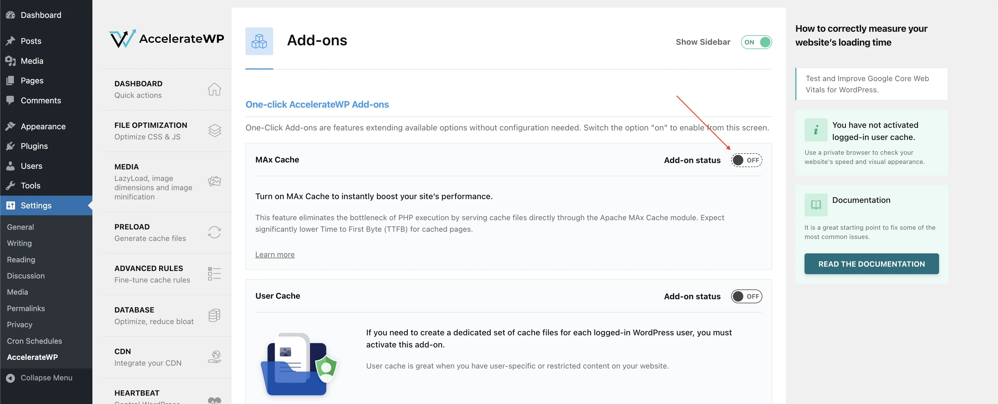 Add-ons tab: red arrow points to MAx Cache add-on status toggle in OFF position